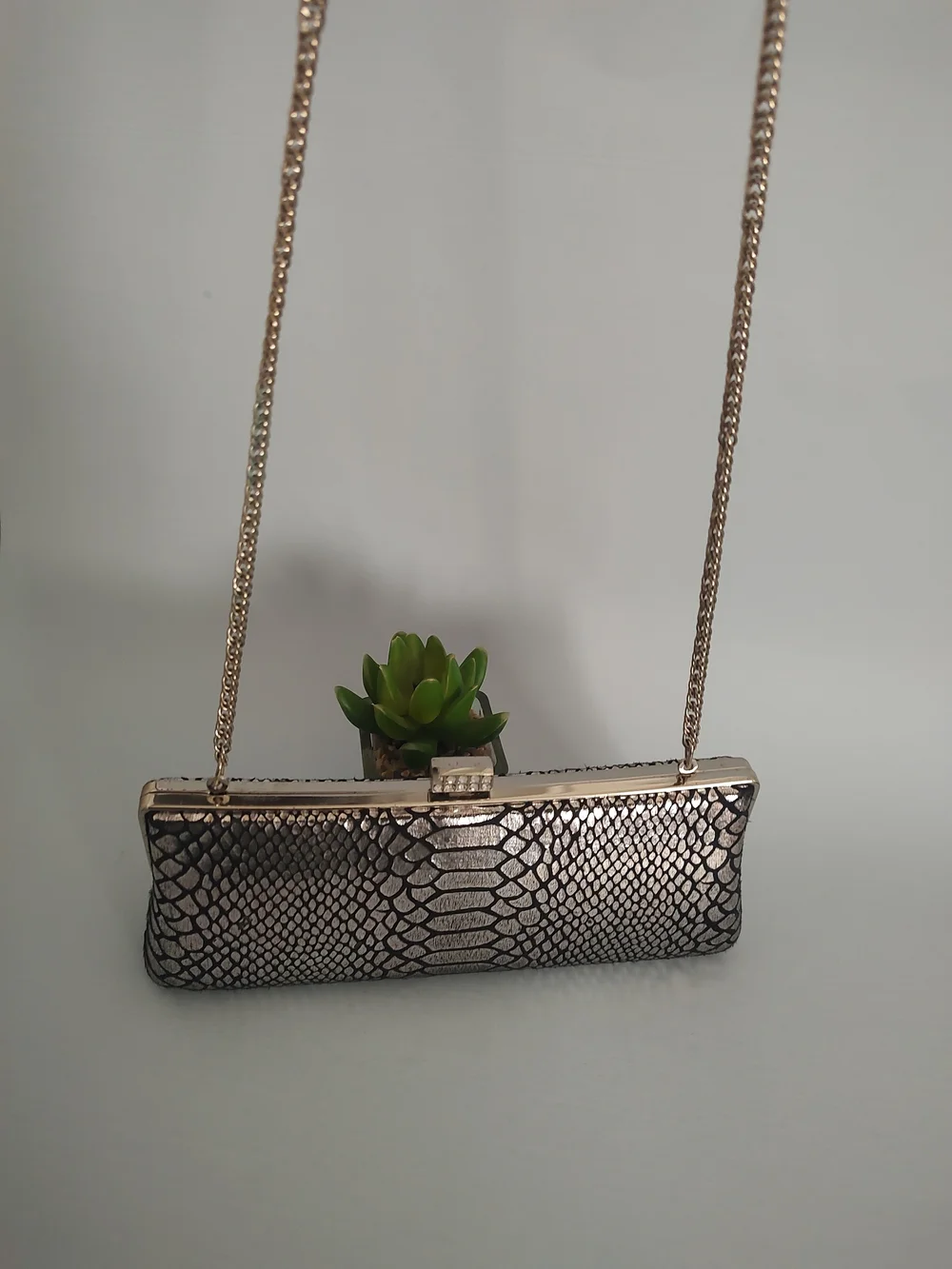 Metallic Snake-Print Evening Clutch with Chain Strap
